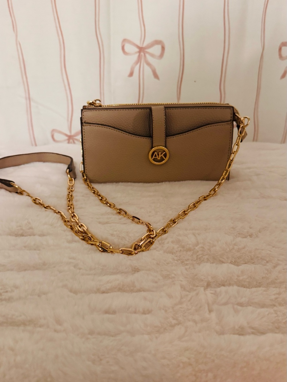 Anne Klein Taupe Pebbled Leather Crossbody with Gold Chain